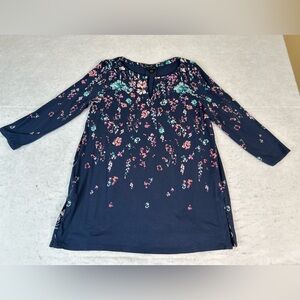 J. Jill Top Women's Small Blue Wearever Collection 3/4 Sleeve Multi Floral Knit
